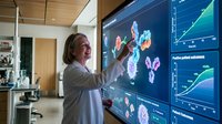 Professional female scientist in white lab coat analyzing colorful molecular structures and data charts on large interactive display screen in modern research laboratory.