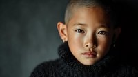Young Asian boy with short hair wearing black knit sweater against dark background, serious expression, portrait photography for family and childhood concepts.