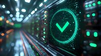 Digital green checkmark on futuristic display screen in modern data center with glowing lights and server racks creating technological atmosphere.