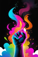 Raised fist silhouette against black background with vibrant multicolored smoke effect, symbolizing power, unity and protest movement. Modern artistic design.