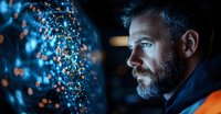 Bearded man in safety vest studying glowing blue data visualization display, side profile against dark background with bokeh particle effects.