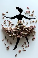 Female silhouette dancer with flowing dress made of pink flower petals against white background, creative floral art composition for wall decor.