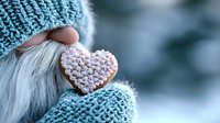Hands in cozy turquoise knitted mittens holding heart-shaped cookie decorated with pink pearl sprinkles against snowy winter background. Romantic holiday concept.