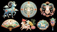 Ornamental Asian decorative elements collection featuring stylized ram, circular medallions, fan, ox with flag, and hanging ornament in traditional teal, gold, and coral colors with floral motifs. Isolated on transparent background, ready for t-shirts, clipart, stickers, and print-on-demand designs.