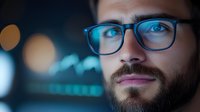 Young bearded Caucasian man wearing glasses smiles confidently in dark environment with blurred bokeh lights, close-up portrait showing modern professional appearance.