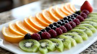 Fresh sliced oranges, kiwi, raspberries and blueberries arranged in colorful rows on white rectangular plate, healthy breakfast or dessert platter.