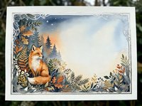 Watercolor fox sitting in winter forest frame with evergreen trees, ferns and botanical elements creating decorative border for greeting cards and invitations.