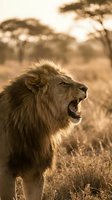 Male lion with full mane roaring in savanna landscape with acacia trees and golden sunlight, wildlife photography for nature and animal content.