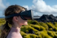 Young Caucasian woman wearing virtual reality headset outdoors against scenic mountain landscape with green moss-covered hills and cloudy sky.