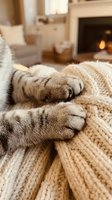 Tabby cat paws kneading a soft beige knit blanket by a warm glowing fireplace, cozy home interior in the background.