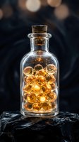 Glass bottle filled with golden spheres and liquid, sealed with cork stopper, positioned on dark textured surface against blurred bokeh background. Suitable for wellness, aromatherapy, luxury product, and potion concepts.