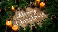 Merry Christmas text on rustic wooden surface surrounded by fir wreath, glowing candles, and pine cones, creating a warm festive holiday atmosphere.