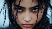 Young woman with wet hair and intense blue eyes in dramatic close-up portrait against blurred background, conveying emotion and mystery.
