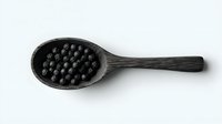Fresh blueberries in rustic wooden spoon isolated on white background, overhead view. Clean minimalist food photography for culinary and menu design.