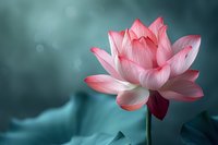 Pink lotus flower in full bloom against blurred teal background, soft petals illuminated with ethereal glow creating dreamy botanical atmosphere.