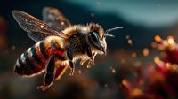 Detailed macro shot of honeybee in flight with fuzzy brown and orange striped body, transparent wings spread wide against blurred floral background.