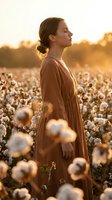 Young woman in brown dress standing peacefully in cotton field during golden hour sunset, eyes closed in meditation and mindfulness moment.