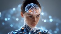 Young woman with glowing digital neural network overlay on face and body against dark background with bokeh lights, representing artificial intelligence and brain technology.