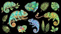 Chameleons and tropical leaves isolated on transparent background, ready for t-shirt design, clipart, stickers, sublimation and print-on-demand products.