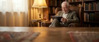 Senior man with glasses, wearing olive blazer, reading book in warm home library with wooden bookshelves, lamp and rug. Suitable for education, lifestyle and retirement concepts.