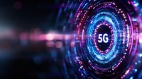 Futuristic digital 5G symbol with glowing neon circles and light effects in blue and purple colors against dark background, representing wireless network technology.