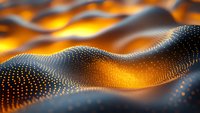 Abstract digital wave of glowing particles with orange and gold illumination creating futuristic technology landscape for backgrounds and presentations.