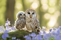 Adult and baby barred owls perched together on mossy log surrounded by purple wildflowers in spring forest with soft bokeh background lighting.