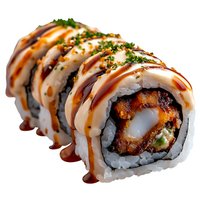 Fresh sushi roll with crispy tempura shrimp, avocado and cream cheese, topped with spicy mayo and teriyaki sauce, garnished with chopped herbs.