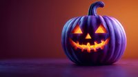 Purple jack-o-lantern pumpkin with glowing orange face on gradient background. Halloween decoration with carved smile and triangle eyes for spooky celebrations.