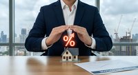 Businessman in suit protecting house model with percentage symbol representing mortgage rates, real estate investment and property insurance concepts.