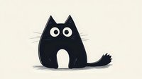 Cute black cat with big round eyes and whiskers sitting on cream background, perfect for children's illustrations and greeting cards.