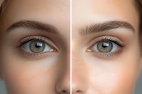 Before and after comparison showing eyebrow shaping and microblading results with close-up view of green eyes, natural makeup, and flawless skin texture.