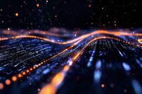 Abstract digital wave with glowing particles and light trails flowing on dark background, representing data transmission and technological advancement.