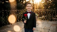 Young boy in black tuxedo with red bow tie holding single red rose, smiling at camera with warm bokeh lights background for formal events.