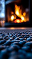 Cozy knitted wool carpet in front of blurred fireplace creating warm atmospheric scene with soft bokeh lights and shallow depth of field for winter comfort.