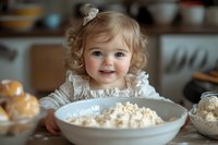 Smiling toddler in white lace dress leaning over bowl of fresh dough or pastry mix in kitchen setting, natural lighting highlights curly blonde hair and joyful expression.