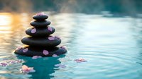 Zen stone pyramid with pink flower petals floating on calm water surface during golden hour sunset creating peaceful spa meditation atmosphere.