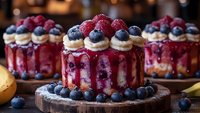 Mini berry cheesecakes topped with fresh raspberries and blueberries on wooden serving boards, featuring vibrant red fruit sauce dripping down creamy layers.