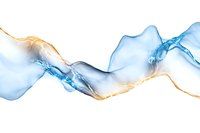 Ethereal flowing waves in blue and gold tones create abstract fluid art pattern on white background, suitable for luxury branding and modern interior design.