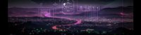 Neon cityscape at night with glowing purple and pink lights, digital interface overlays, and futuristic technology elements illuminating urban skyline for tech and innovation concepts.