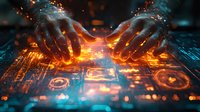 Glowing hands hover over futuristic digital interface with orange and blue light effects, circuit patterns and energy streams creating mystical technological atmosphere.