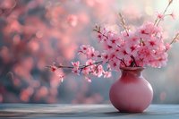 Pink cherry blossom branches in ceramic vase against blurred bokeh background, creating soft romantic spring atmosphere on wooden surface.