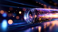 Camera lens with streaming light trails and bokeh effects against dark background creates futuristic technology concept for digital photography and media.