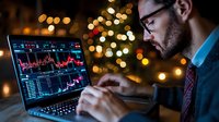 Middle Eastern businessman analyzing financial charts and stock market data on laptop at night with bokeh lights background, focused on trading screen.