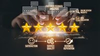 Business professional selecting five golden stars for customer satisfaction rating with digital interface icons representing feedback analysis and service quality metrics.