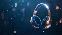 Wireless headphones floating in dark space with glowing bokeh lights and stars, metallic gold finish creates premium tech atmosphere for audio advertising.