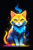 Magical yellow cat with glowing blue flame and mystical aura sitting on dark background. Colorful fantasy feline character with ethereal effects and gradient colors.