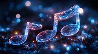 Glowing musical notes with sparkles and bokeh lights on dark background create magical atmosphere for music and entertainment concepts.
