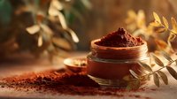 Red clay powder in glass jar with natural leaves for skincare beauty treatments and cosmetic applications.