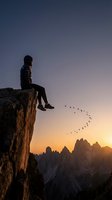 Silhouette of contemplative person sitting on cliff edge at sunset with birds flying and mountain peaks in background for meditation and adventure concepts.